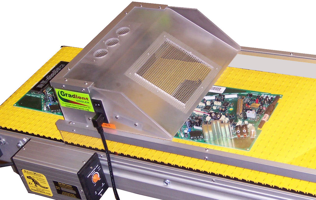 wave solder exit conveyor with gradient cooler hood