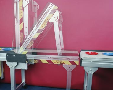 Walk-thru lift gate conveyor systems with modular universal sections