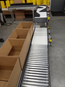 Box filler singulation conveyor for packaging